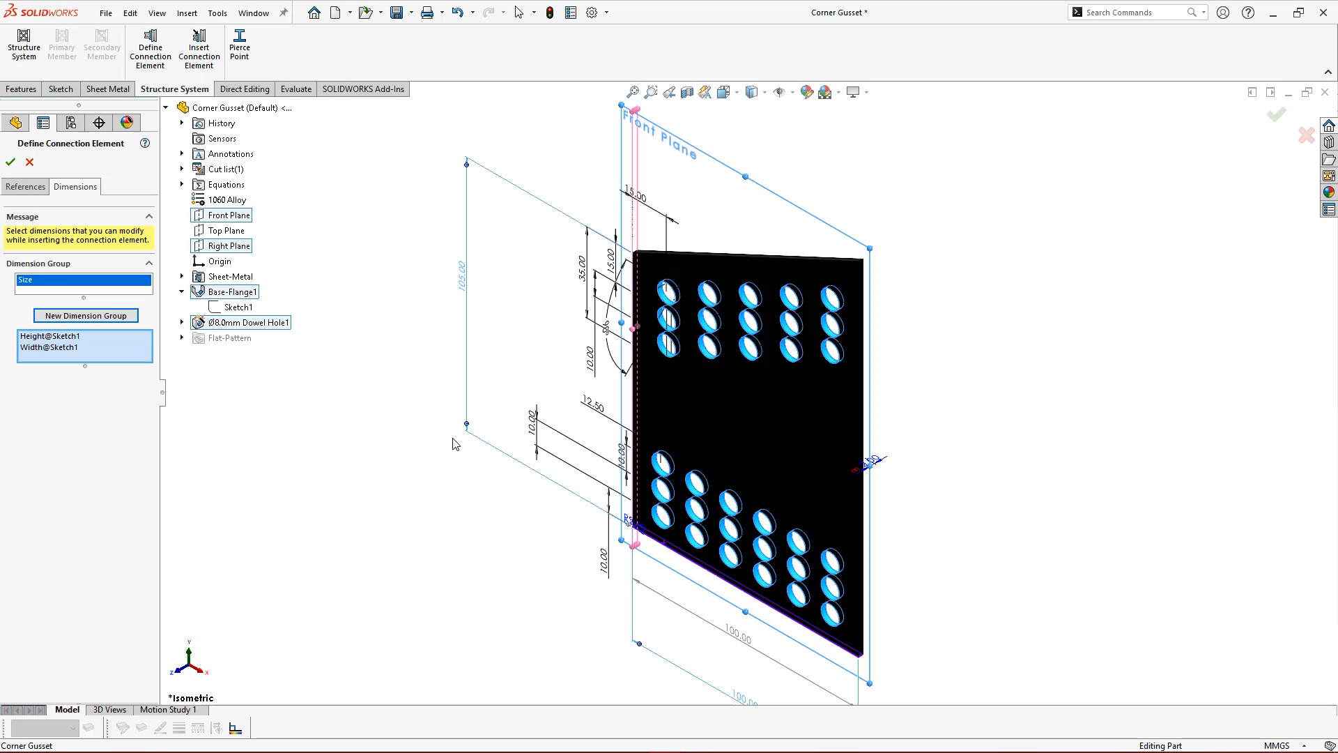 Dimension groups for Connection Elements in SOLIDWORKS 2022